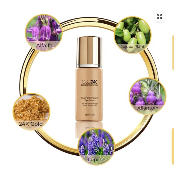 GLO24K EYE SERUM MINIMIZES FINE LINES, PUFFINESS, AND DARK CIRCLES, CROW'S FEET - Picture 2 of 6